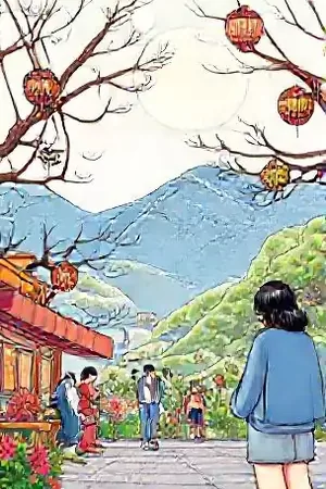 漫画《深巷裁缝铺》封面插画，挂满布料的老式裁缝铺内景